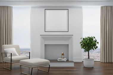 Beyaz beyaz oturma odası koltuk, şömine