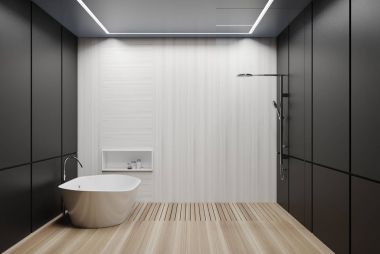 Gri ve beyaz banyo, küvet ve duş döşenir