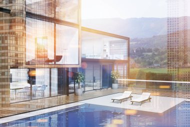 Yüzme havuzlu, yan çift büyük ev