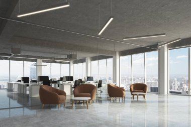 Office, kahverengi koltuklar, yan alanda bekleyen