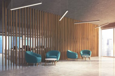 Office, mavi koltuklar, yan alanda bekleyen