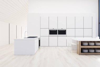 Beyaz mutfak bir çizgiyle fırınlar