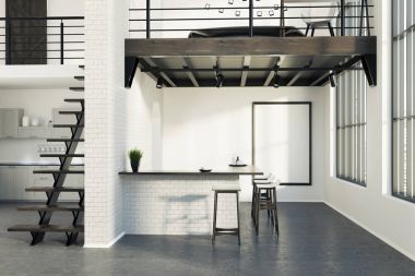 Tuğla mutfak bar ile bir poster, gri