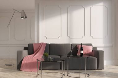 Beyaz oturma odası iç, gri kanepe