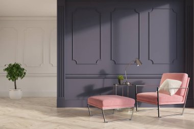 Gri ve beyaz oturma odası, pembe tekli