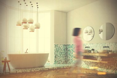 Yeşil banyo iç, küvet ve lavabo, tonda yan