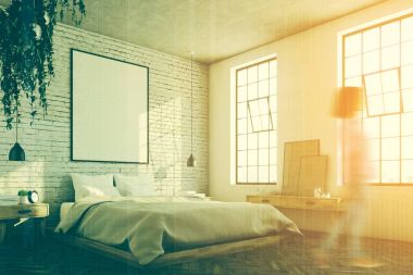 Beyaz tuğla yatak odası, tonda poster köşe