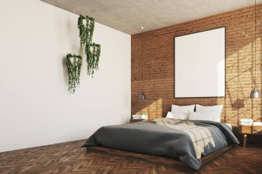 Tuğla yatak odası, poster, bitkiler köşe