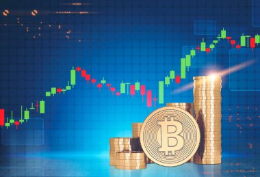 Bitcoins, grafikler, tonlu arka plan mavi