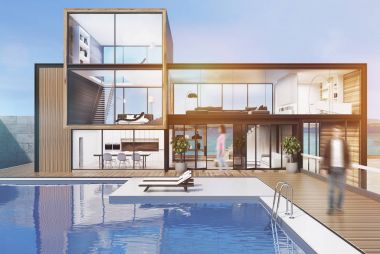 Yüzme havuzlu, adam, büyük ev tonda