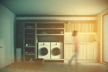 Beyaz ve ahşap Çamaşırhane odası iç, kız