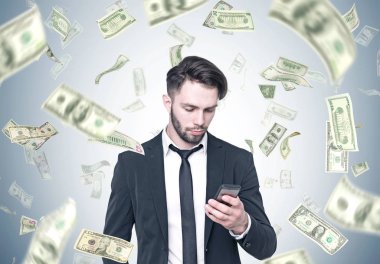 Sakallı işadamı Smartphone vasıl Doları yağmur arıyorsunuz