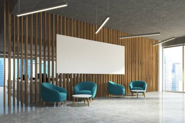 Mavi ofis koltukları, poster yan alanda bekleyen