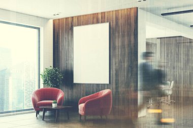 Beyaz ve ahşap ofis bekleme odası, yan, Çift Kişilik