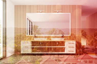 Ahşap banyo, çift lavabo, tonda