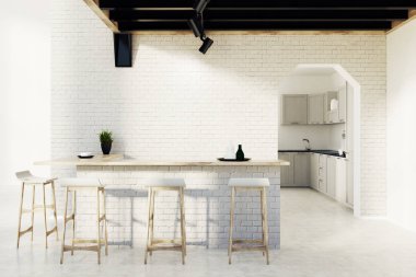 Tuğla mutfak bar, dışkı ve bir kapı