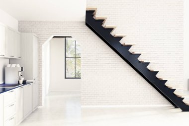 Beyaz tuğla mutfak iç, merdiven