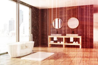 Mermer ve ahşap banyo, beyaz küvet, lavabo tonda