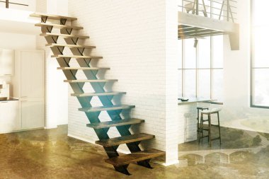 Tuğla mutfak, ahşap konsolları gri tonda yan