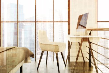 Beyaz ev ofis tonda bir çatı katında