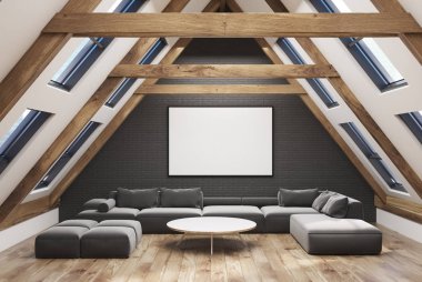 Gri tavan oturma odası, yuvarlak masa, kanepe