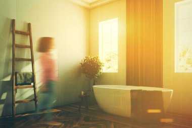 Beyaz beyaz ve ahşap banyo küvet köşe tonda