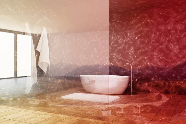 大理石浴室内，玻璃墙，定了调子的浴缸 — 图库照片