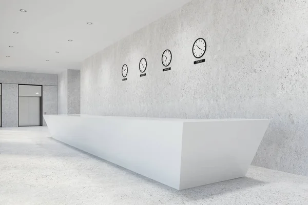 Long reception desk, clocks, side — Stock Photo, Image