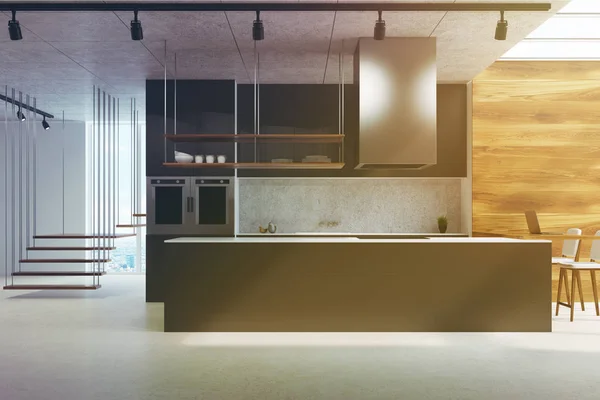 Balcão de cozinha preto, madeira e concreto tonificado — Fotografia de Stock