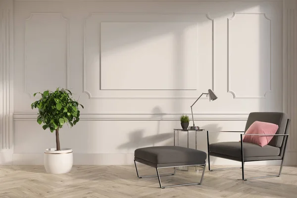 Interior branco da sala de estar, poltrona cinza, cartaz — Fotografia de Stock