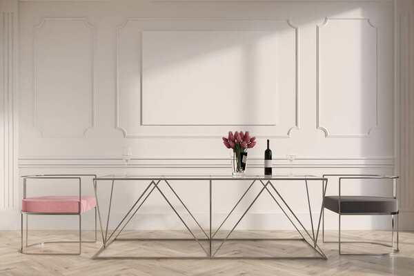 White dining room, pink and gray chairs, poster