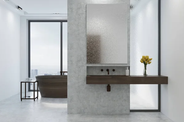 Biały i betonu łazienkę, drewniane wanny, zlewu — Zdjęcie stockowe