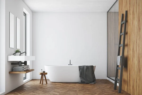 흰색과 나무 욕실, 화이트 욕조 — 스톡 사진