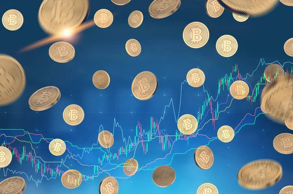 Bitcoin rain, graph, blue background — Stock Photo, Image