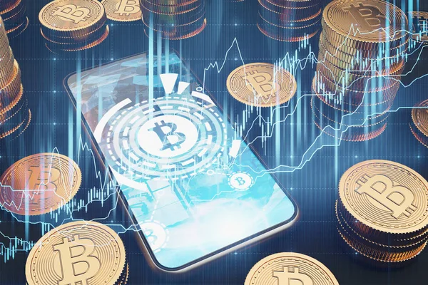 Смартфон Bitcoin на столе, реальные биткоины — стоковое фото