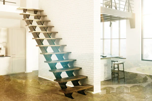 Tuğla mutfak, ahşap konsolları gri tonda yan