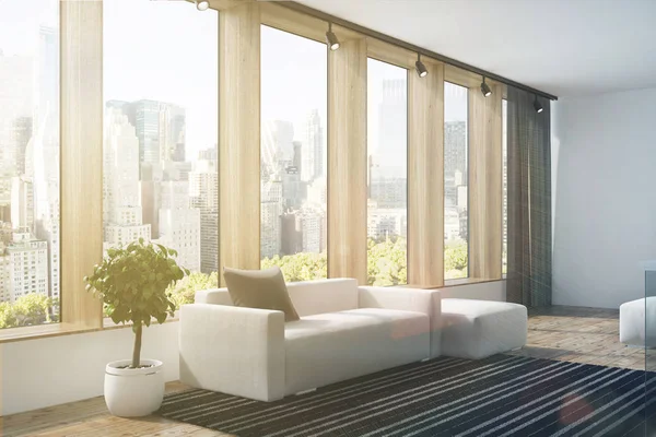 Beyaz ve ahşap oturma odası, tonlu kanepe