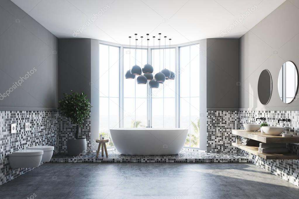 Gray bathroom interior, tub and sink