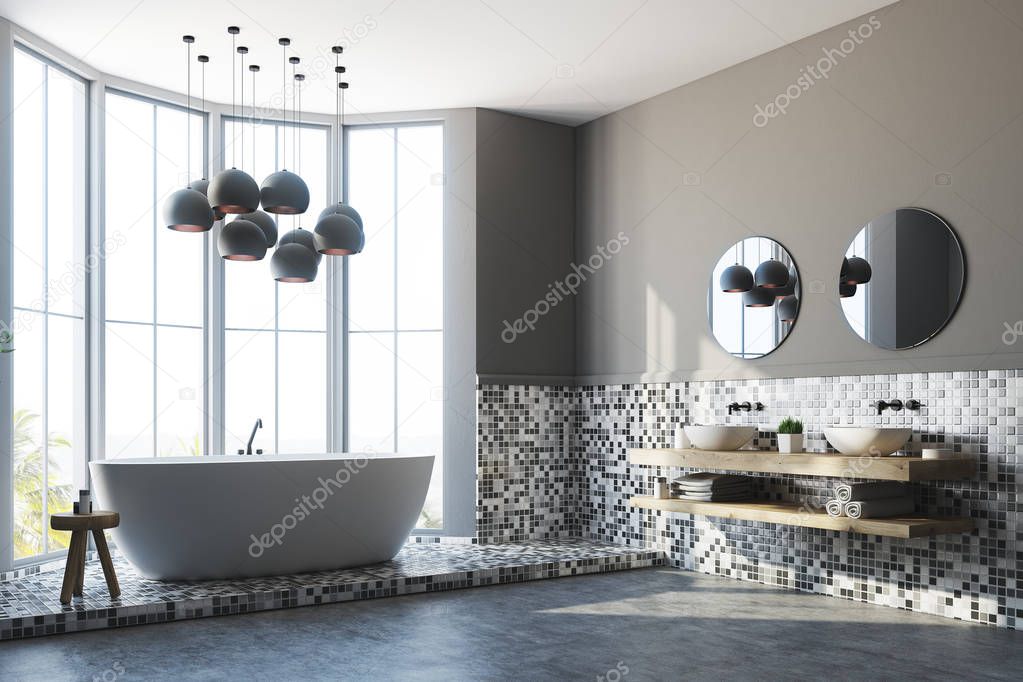 Gray bathroom interior, tub and sink, side