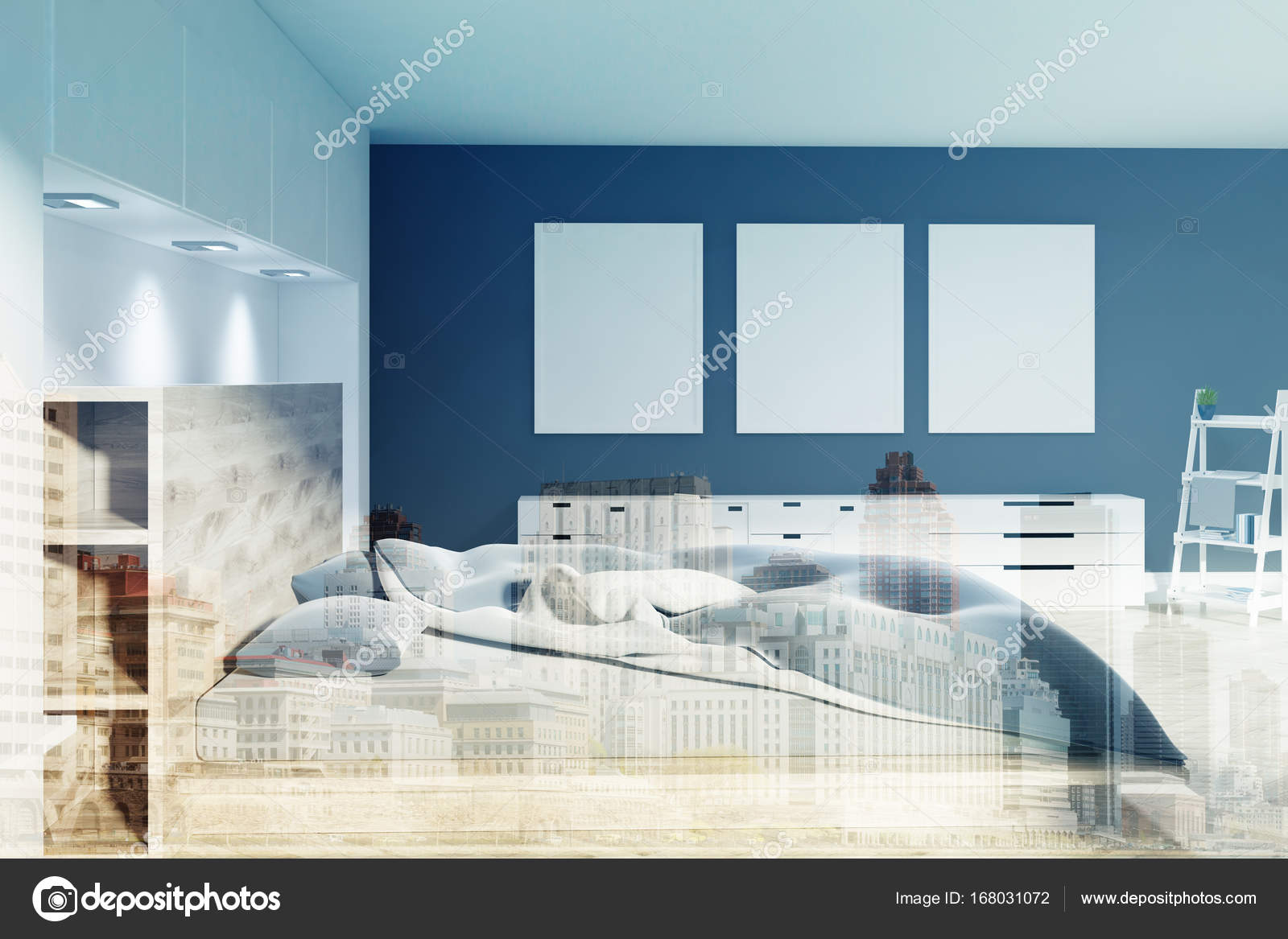 Witte en zwarte slaapkamer, drie posters kant toned — Stockfoto ... Witte en zwarte slaapkamer, drie posters kant toned — Stockfoto ...
