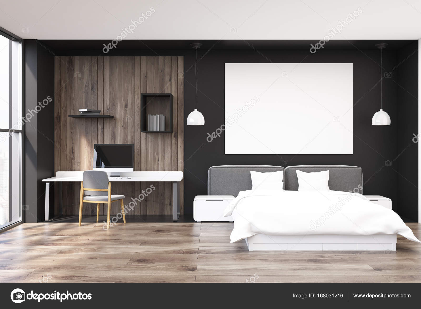 Zwart en houten slaapkamer, kantoor aan huis — Stockfoto ... Zwart en houten slaapkamer, kantoor aan huis — Stockfoto ...