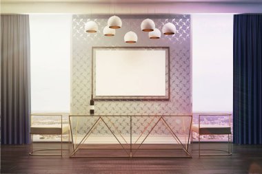 Gri yemek odası, beyaz koltukları, tonda poster