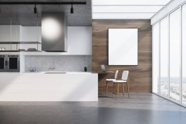 Beyaz mutfak tezgahı, ahşap ve beton, poster
