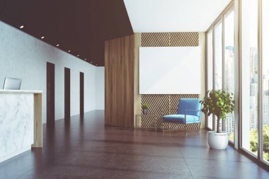 Mermer ve ahşap Asansör hall, poster mavi tonda