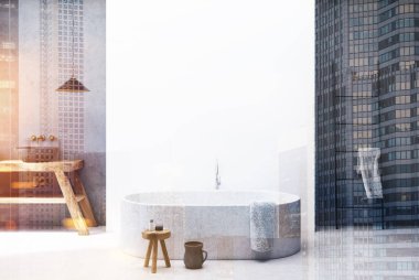 Beton ve beyaz banyo, küvet yuvarlak ses