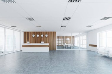 Beyaz ve ahşap Resepsiyon, office lobi