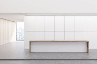 Beyaz ve ahşap Resepsiyon ofis