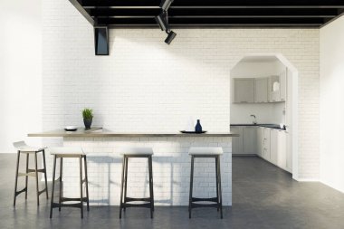 Tuğla mutfak bar, dışkı ve bir kapı, gri