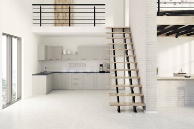 Beyaz tuğla mutfak iç, ahşap konsolları