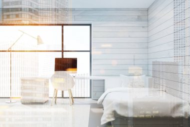 Beyaz ahşap yatak odası, bilgisayar, poster, ön, tonda